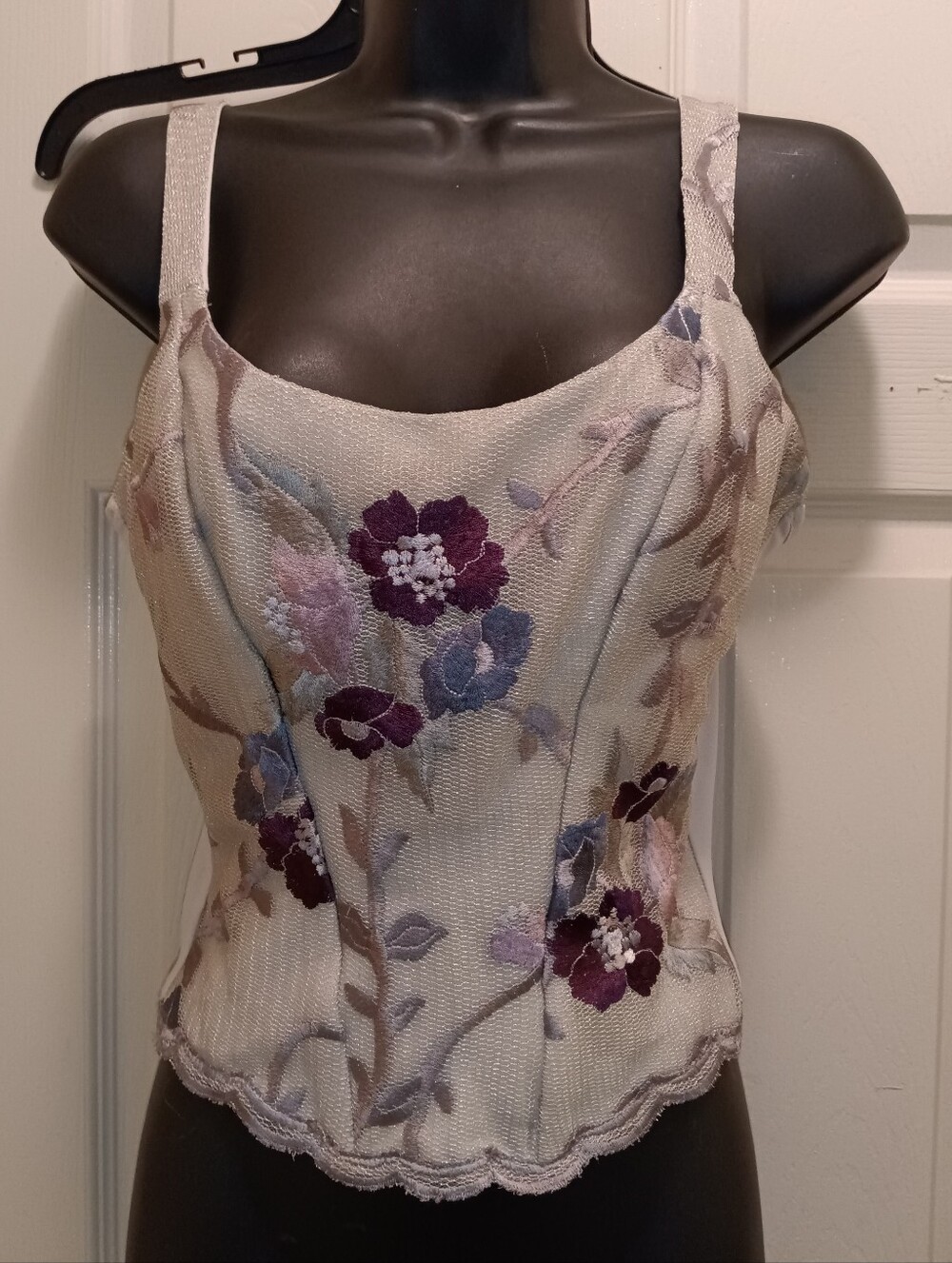 Flora Nikrooz Silvery Gray Embroidered Floral Camisole with Purple Accents